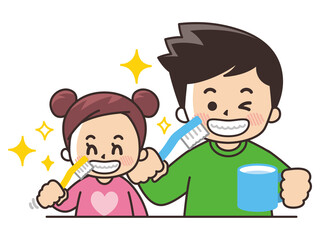 歯磨きをする親子