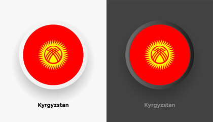 Set of two Kyrgyzstan flag buttons in black and white background. Abstract shiny metallic rounded buttons with national country flag