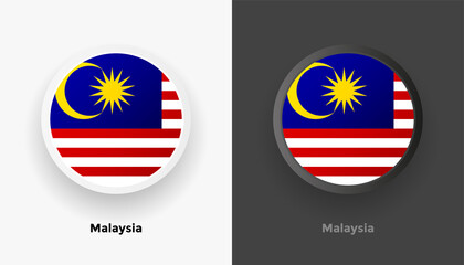 Set of two Malaysia flag buttons in black and white background. Abstract shiny metallic rounded buttons with national country flag