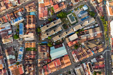 Aerial view showing roof tops of the heritage houses and streets of Georgetown Penang.