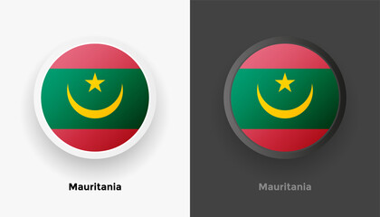 Set of two Mauritania flag buttons in black and white background. Abstract shiny metallic rounded buttons with national country flag