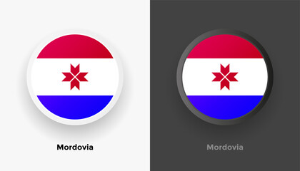 Obraz premium Set of two Mordovia flag buttons in black and white background. Abstract shiny metallic rounded buttons with national country flag