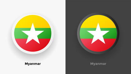 Set of two Myanmar flag buttons in black and white background. Abstract shiny metallic rounded buttons with national country flag