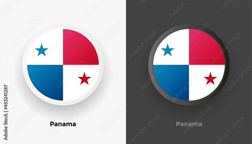 Wall mural Set of two Panama flag buttons in black and white background. Abstract shiny metallic rounded buttons with national country flag