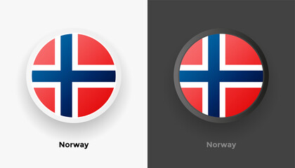 Set of two Norway flag buttons in black and white background. Abstract shiny metallic rounded buttons with national country flag