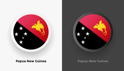 Set of two Papua New Guinea flag buttons in black and white background. Abstract shiny metallic rounded buttons with national country flag