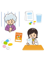 薬剤師　体調不良のシニア女性　処方薬　お薬手帳