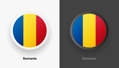 Fototapeta premium Set of two Romania flag buttons in black and white background. Abstract shiny metallic rounded buttons with national country flag