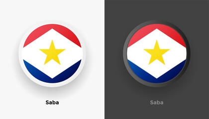 Set of two Saba flag buttons in black and white background. Abstract shiny metallic rounded buttons with national country flag