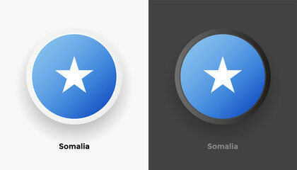 Set of two Somalia flag buttons in black and white background. Abstract shiny metallic rounded buttons with national country flag