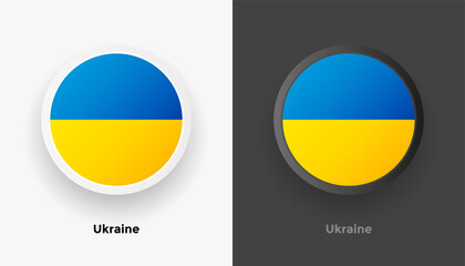 Set of two Ukraine flag buttons in black and white background. Abstract shiny metallic rounded buttons with national country flag