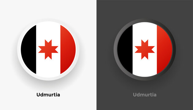 Set of two Udmurtia flag buttons in black and white background. Abstract shiny metallic rounded buttons with national country flag