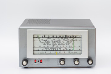 old radio with metal casing where you can listen to shortwave broadcasts from all over the world, all countries and capitals. Selective Focus