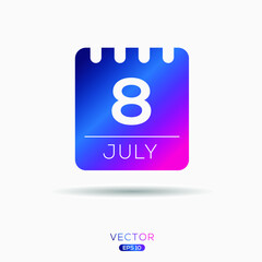 Creative calendar page with single day (8 July), Vector illustration.