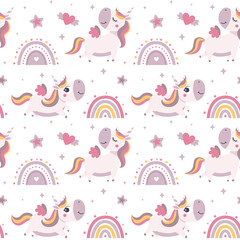 Seamless cute magical celestial vector pattern with unicorns, rainbows, stars, sky, wings, hearts