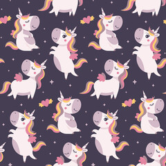 Seamless cute magical celestial vector pattern with unicorns, stars, sky, wings, hearts