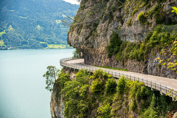 a road on the cliffs alongside the Neuchatel lake in Switzerland