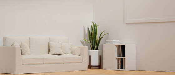 Modern minimal living room with comfy sofa, poster mockup on wall, white wall, 3d rendering