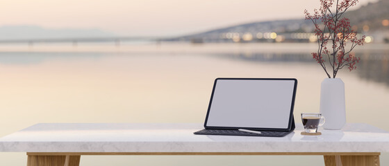 Free space, empty space on white marble table isolated and decor with lake view in the background
