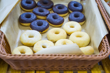 Sweet donuts in a paper donut  dessert snack food, Different type of donuts set