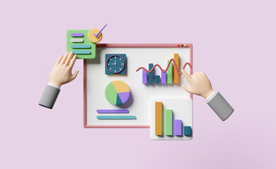 charts and graph with businessman hand,check,analysis business financial data,clock isolated on pink background,Online marketing business strategy concept,3d illustration or 3d render