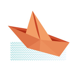 Paper origami ship on the waves, ready-made illustration in vector on a white background.