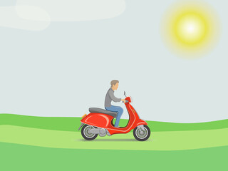 Vector illustration, a man riding a red moped. High detail. Green landscape, the sun is shining. Composition on the topic of travel, transport, adventures, trips.