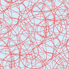 Chaos wallpaper on checkered pattern. Tangled texture with lines. Seamless hand drawn dinamic scrawls. Background with waves. Line art. Print for banners, posters, flyers and textiles