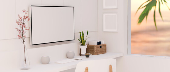 Modern white working desk with computer mockup and poster frame on wall, 3d rendering