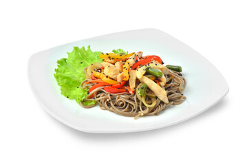White plate with chicken wok isolated