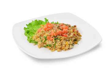 rice with vegetables asian wok food on white plate isolated on white