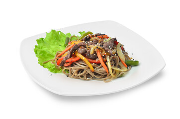 asian cooked udon dark noodles White plate with wok isolated
