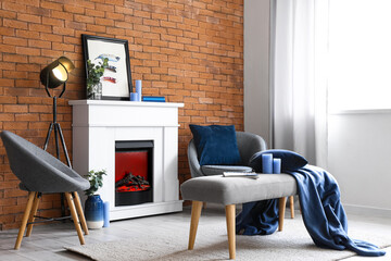 Modern fireplace in interior of stylish living room