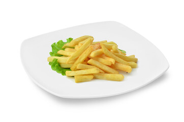french fries on white plate isolated on white beer snack