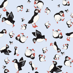 Vector blue background ocean seabird, arctic birds, puffins. Seamless pattern background