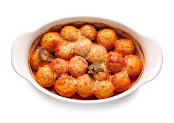 Baking dish with delicious meatballs and melted cheese on white background
