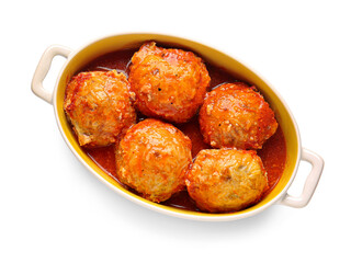 Baking dish with delicious meatballs and melted cheese on white background