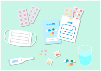 薬　薬剤　コップ　フラットデザイン　アイコン　セット