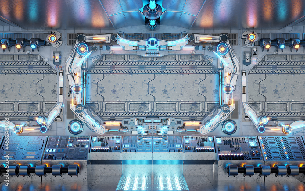 Aufkleber white spaceship interior with glowing control panels. futuristic space station background with blue 