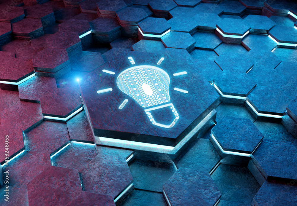Aufkleber Lightbulb icon creativity concept engraved on metal hexagonal pedestral background. Innovation symbol glowing on abstract digital surface. 3d rendering