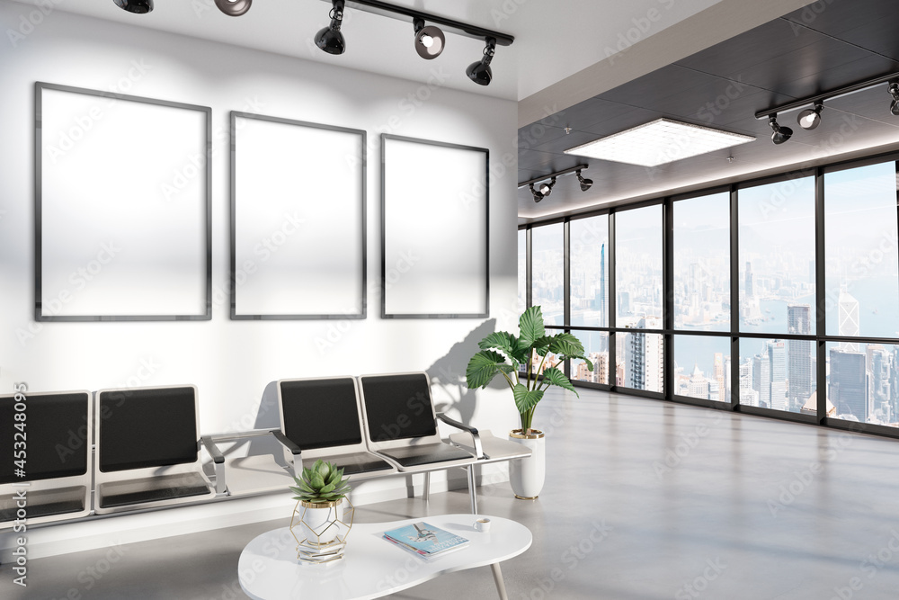 Poster three vertical frames mockup hanging in office waiting room. mock up of billboards in modern concret