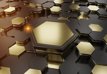 Glowing black and gold hexagons podium background pattern. Hexagonal metal surface with lights. 3D rendering