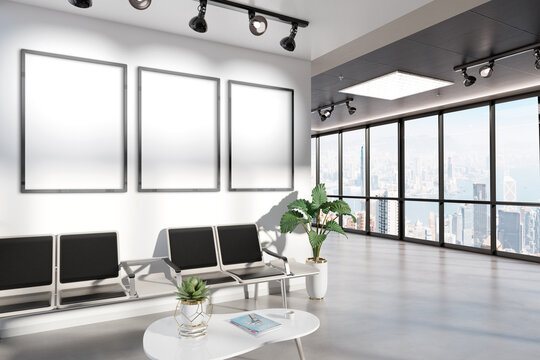Three vertical frames Mockup hanging in office waiting room. Mock up of billboards in modern concrete interior 3D rendering