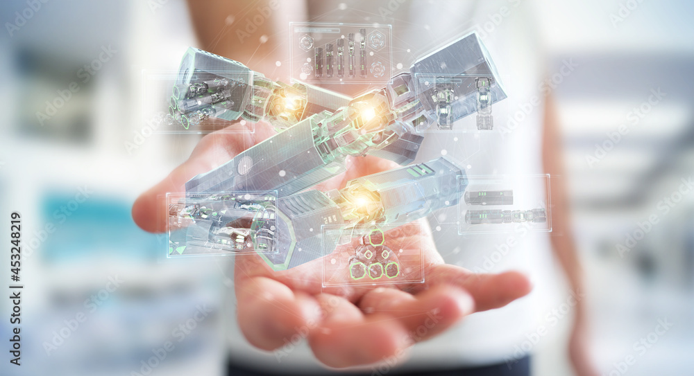 Poster man holding and touching green renewable energy battery 3d rendering