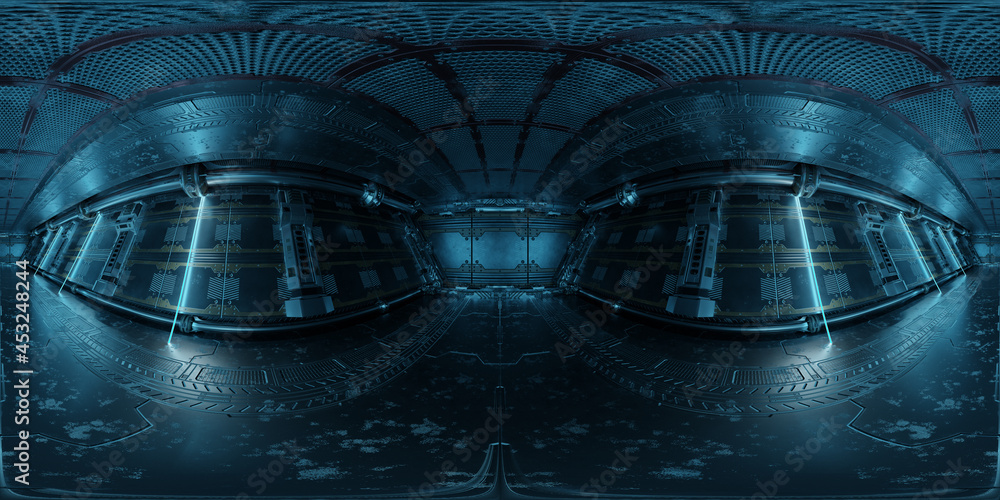 Aufkleber HDRI panoramic view of dark blue spaceship interior. High resolution 360 degrees panorama reflection mapping of a futuristic spacecraft 3D rendering