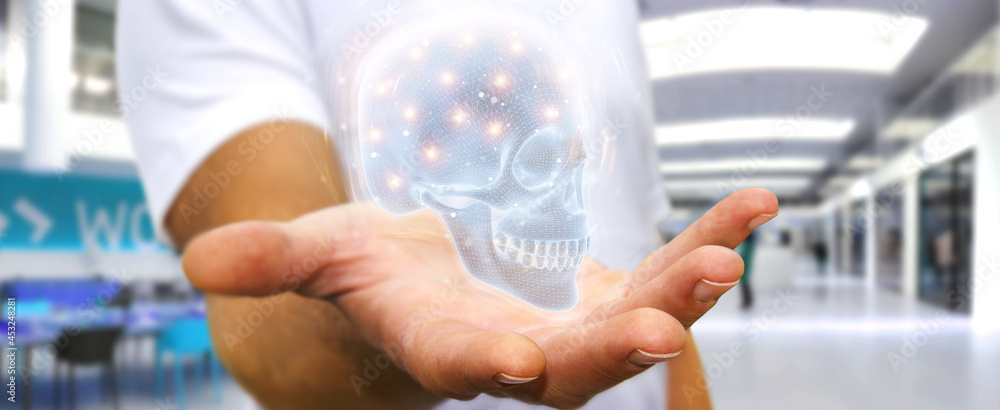 Poster Man using digital x-ray skull holographic scan projection 3D rendering