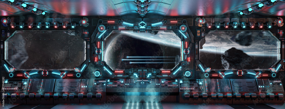 Aufkleber Dark spaceship interior with glowing blue and red lights. Futuristic spacecraft with large window view on planets in space. 3D rendering