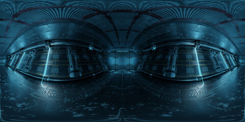 HDRI panoramic view of dark blue spaceship interior. High resolution 360 degrees panorama reflection mapping of a futuristic spacecraft 3D rendering © sdecoret