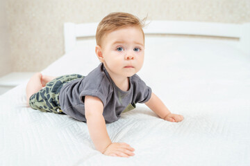 Fototapeta premium Beautiful baby lying on tummy in parent's bed. Adorable kid crawling on bed in white sunny bedroom.