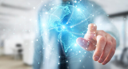 Businessman using America Usa map globe network hologram 3D rendering